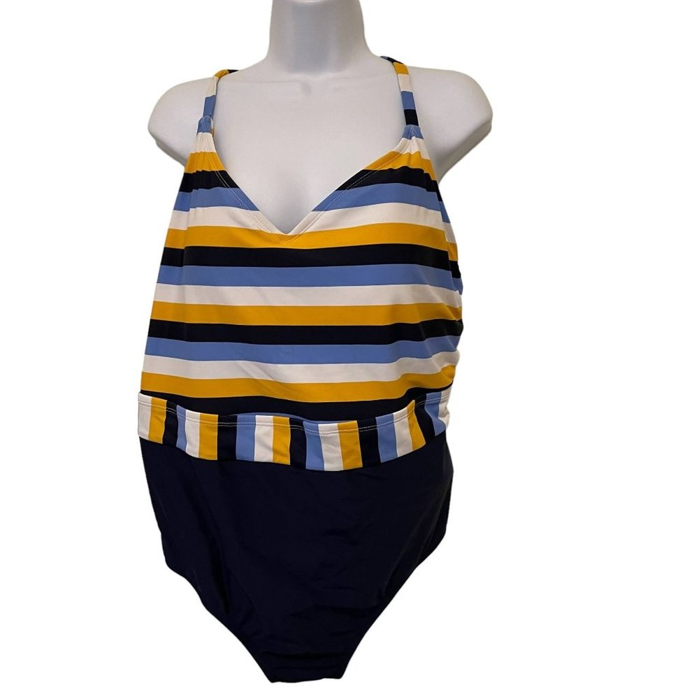 KONA SOL Stripe Navy Blue‎ Strappy Criss Cross One Piece Bathing Suit Size 24